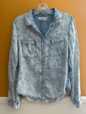 Acid Wash Light Blue Denim Button-Up Shirt